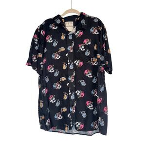 VSTR PREMIUM Mens XL Black Short Sleeve Button Up Shirt Skull Drink Print Modern